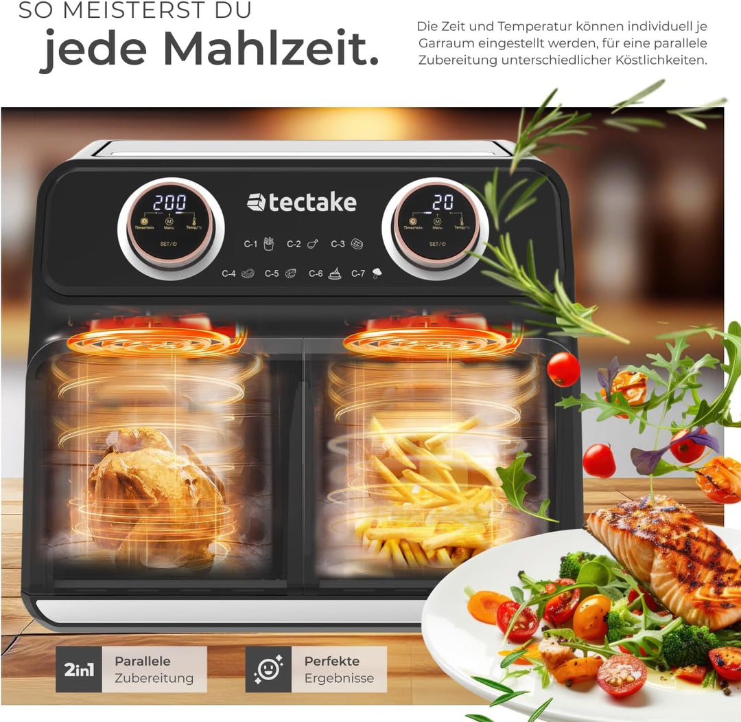 tectake® Heissluftfritteuse 2 Kammern, XXL Doppelkammer Airfryer mit 7 Programmen, 8L Dual Fritteuse