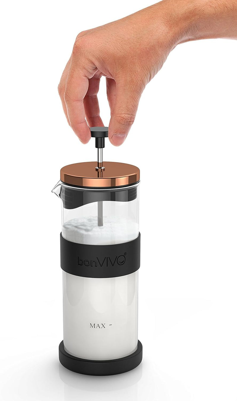 bonVIVO FOMO, Milchaufschäumer Manuell Betrieben, Milchaufschäumer Glas Und Edelstahl, Hand Milchsch