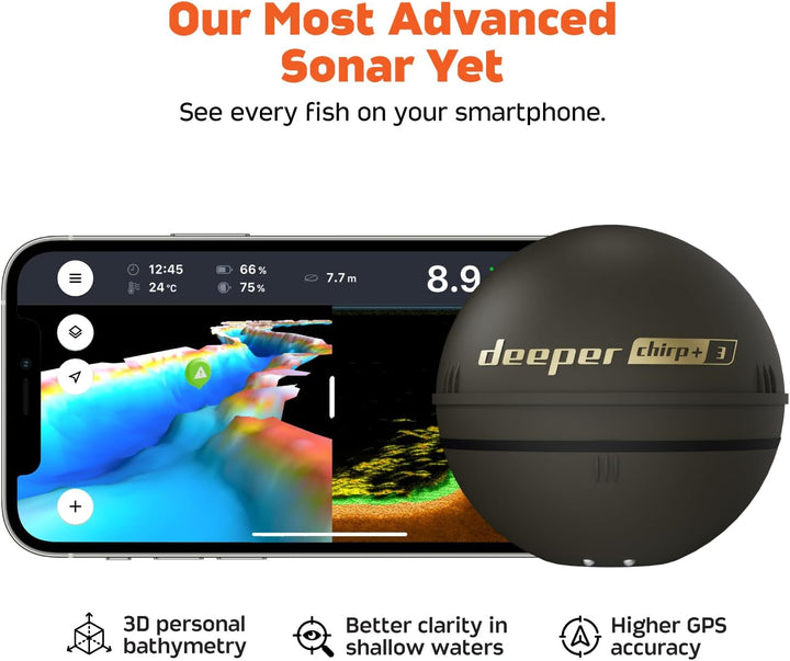 Deeper Chirp+ 3 Castable GPS Sonar - Tragbarer Fisch- und Tiefenfinder zum Bootsangeln, Eisangeln, U