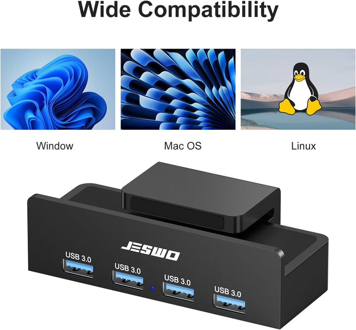 JESWO USB Hub, USB 3.0 Hub mit Clip, 4 Port USB Verteiler aus Aluminium, 5V Stromanschluss und 150cm