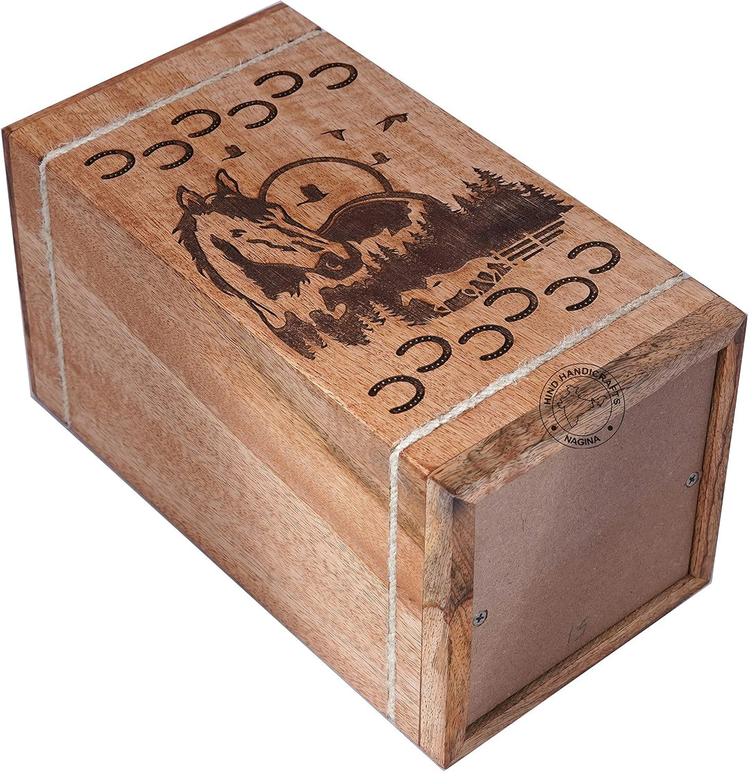 Handgefertigte Holzurne für menschliche Asche, HIND HANDICRAFTS, gross, Aufgehende Sonne Design, Urn