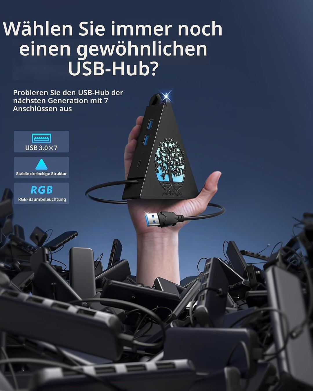 7-Port USB 3.0 Tree Hub, vertikaler USB-Hub-Splitter mit RGB-Baumbeleuchtung, 5 Gbit/s High-Speed-Da