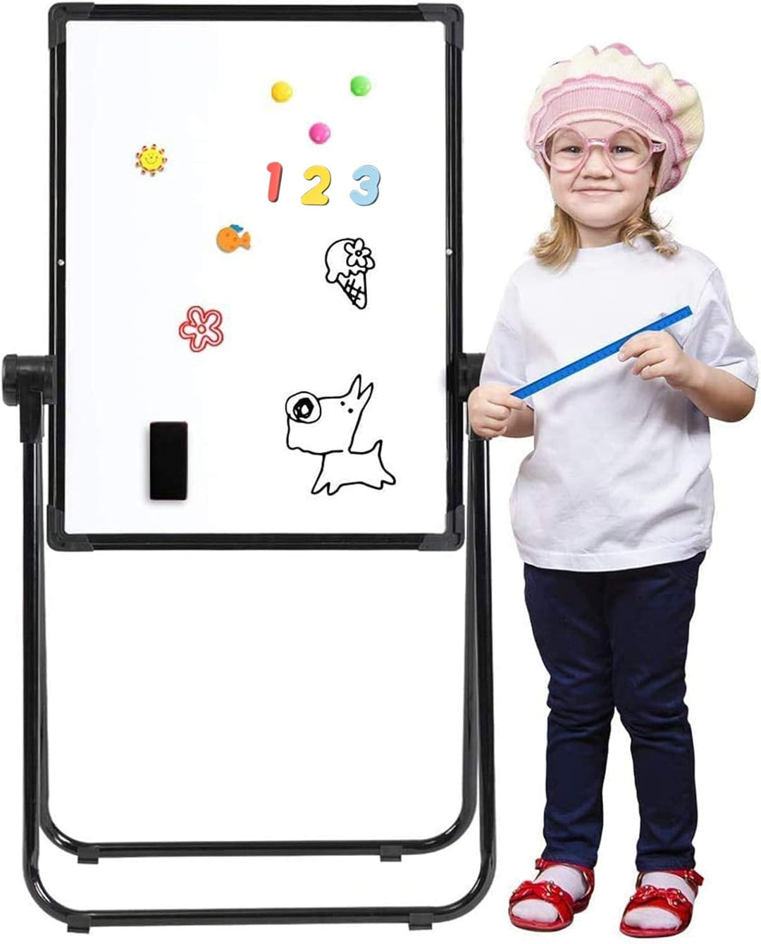 DOEWORKS Kinder Staffelei Magnetische Whiteboard U-Ständer, Doppelseitiges Whiteboard & Kreidetafel