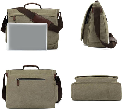 CALIYO Umhängetaschen Herren aus Canvas Schultasche Queformat A4 Laptoptasche für 15,6 Zoll Laptop A
