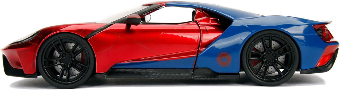Jada Toys 253225002 Marvel Spiderman 2017 Ford GT, 1:24 Modellauto Figur, aus Zinkdruckguss, öffnend