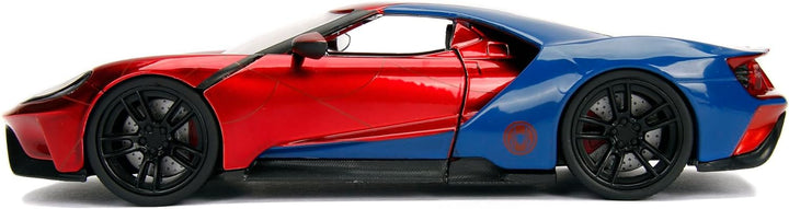Jada Toys 253225002 Marvel Spiderman 2017 Ford GT, 1:24 Modellauto Figur, aus Zinkdruckguss, öffnend