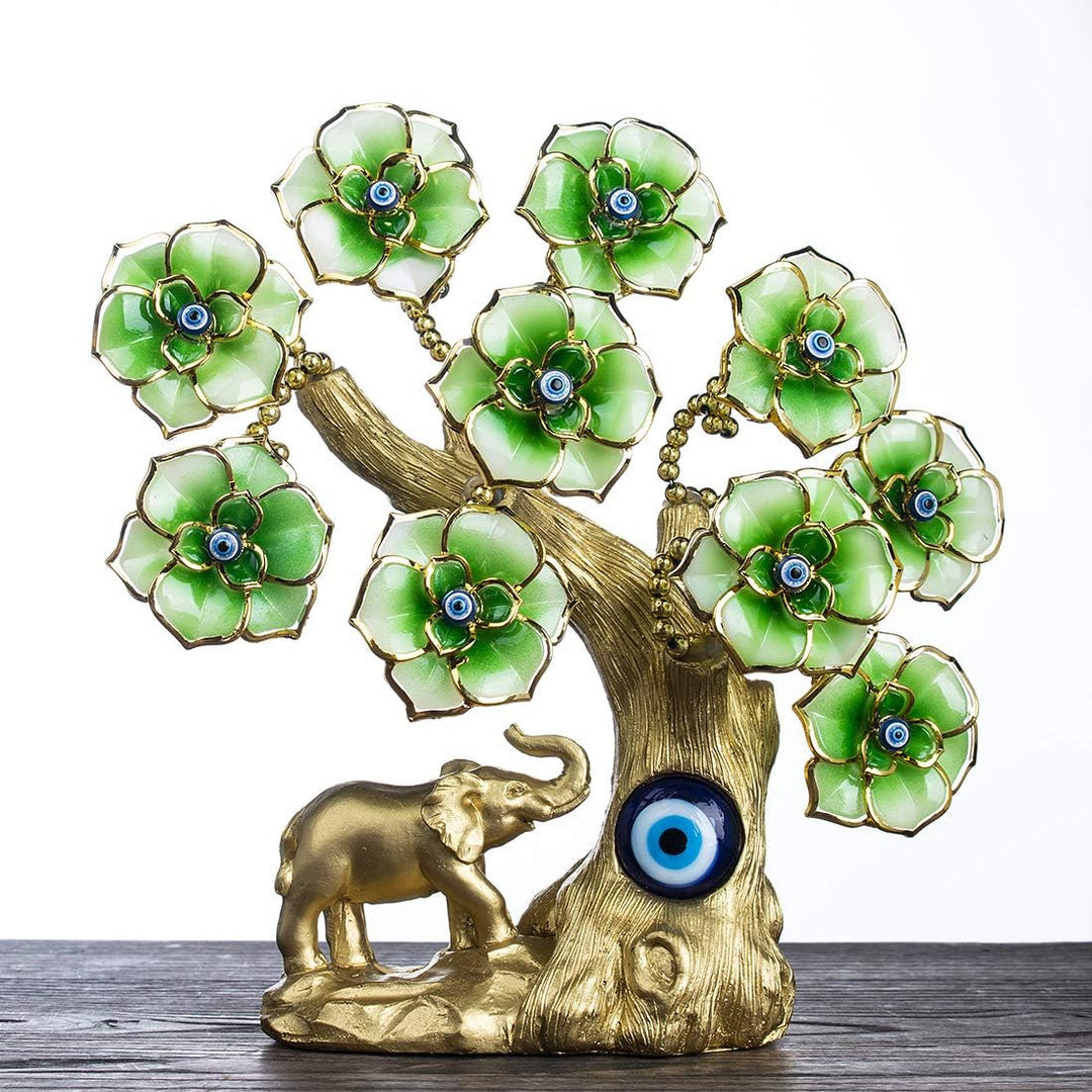 YU FENG Türkischer blauer böser Blick, goldener Glücksbaum mit Elefantenfigur und grünen Blumen für