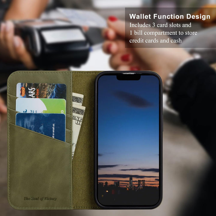 VISOUL Hülle für iPhone 15, Schutzhülle [Echt Leder] [Schützt vor Stoss] [Kartenfach] [Magnetverschl