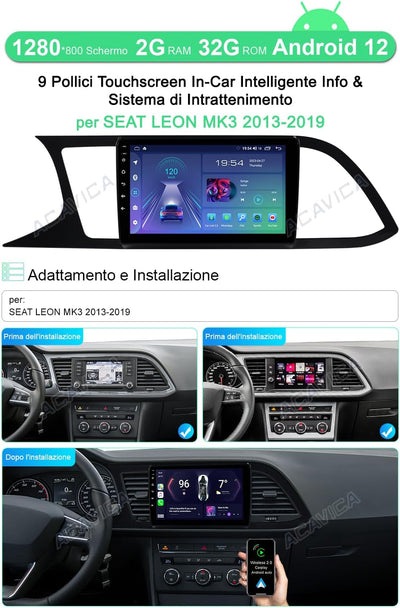 ACAVICA 2+32GB 9 Zoll Android 12 Radio für Seat Leon MK3 2013-2019 GPS Navigator Sat NAV mit Wireles