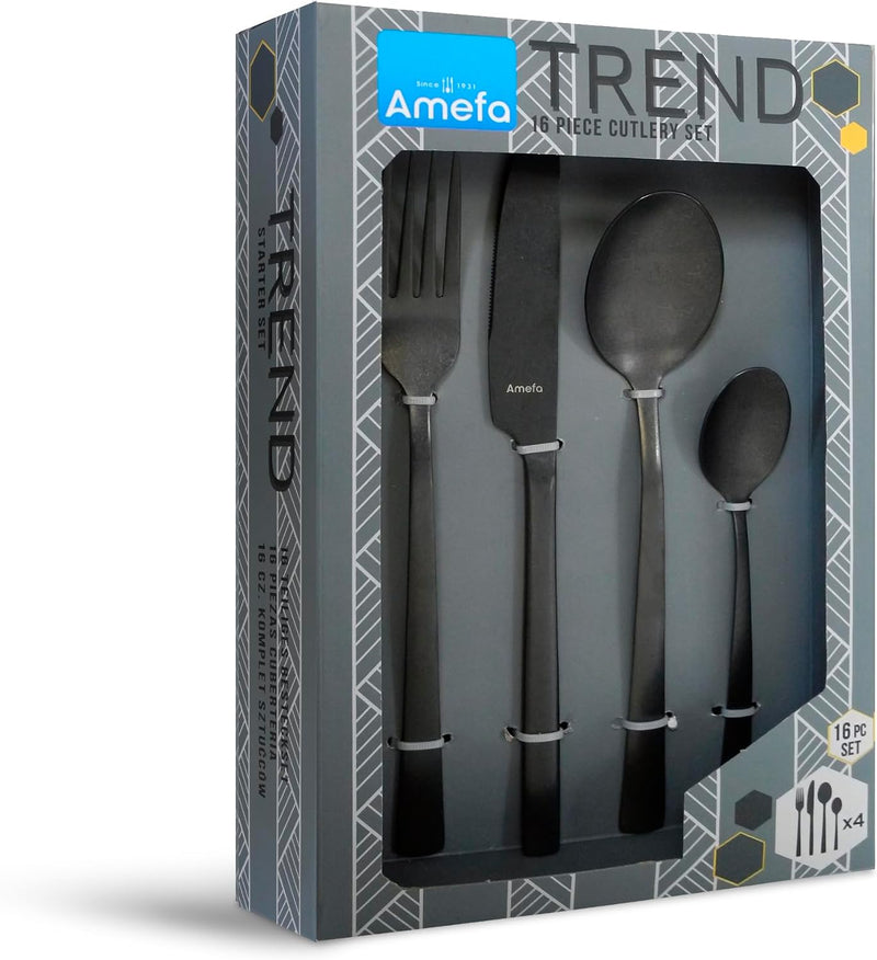 Amefa Besteckset MANILLE 16-teilig | Schwarz | PVD Beschichtung| Edelstahl rostfrei | Besteck Set fü