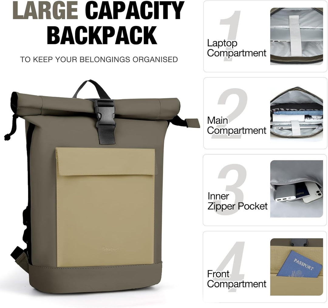 Lekeinchi Rolltop Rucksack Damen & Herren, Elegant Laptop Rucksack Wasserdicht mit 17 Zoll Laptopfac