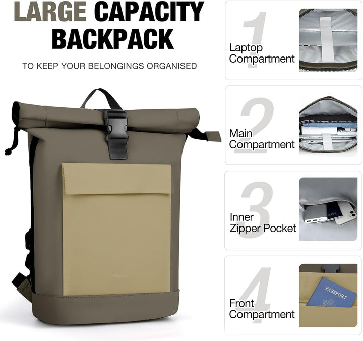 Lekeinchi Rolltop Rucksack Damen & Herren, Elegant Laptop Rucksack Wasserdicht mit 17 Zoll Laptopfac
