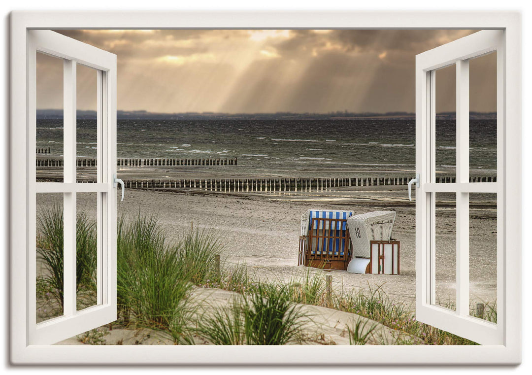 Artland Leinwandbild Wandbild Bild auf Leinwand 70x50 cm Wanddeko Fensterblick Fenster Strand Düne M