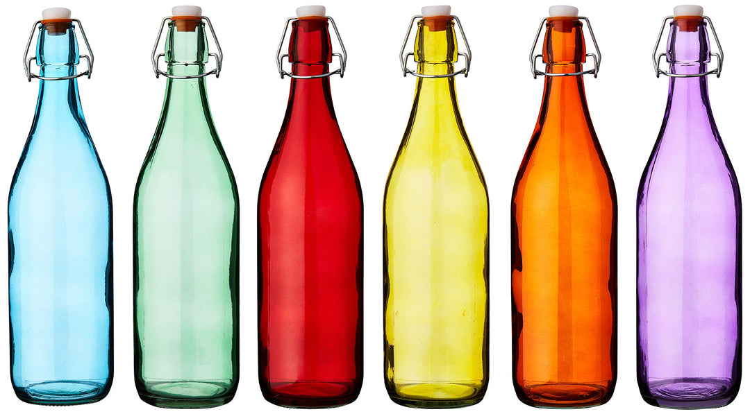 Bunte Glasflaschen mit Bügelverschluss, 1 l, Set mit 6 Stück, Rot, Blau, Orange, Grün, Gelb, Lila