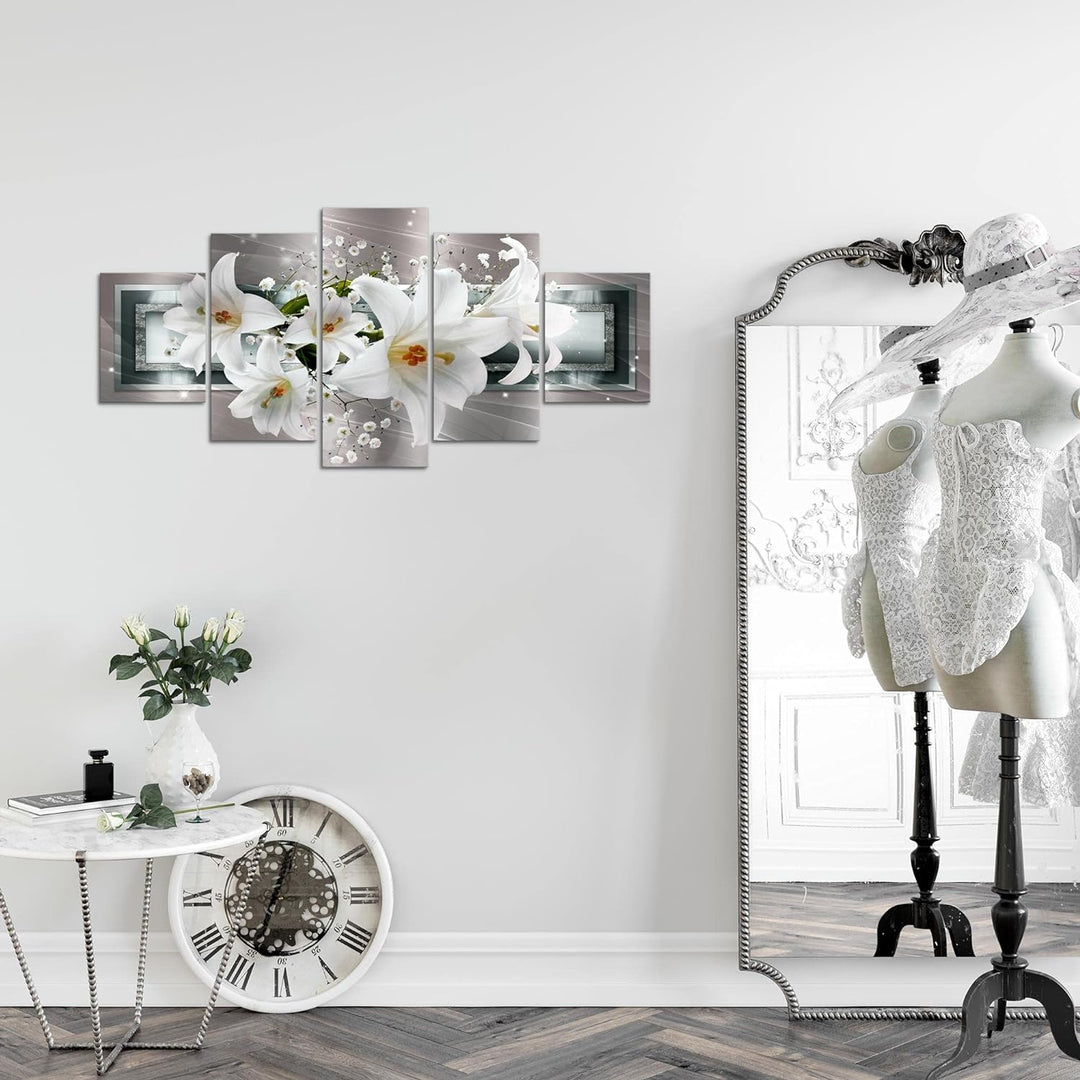 Runa Art Wandbilder Blumen Lilien 5 Teilig Bild auf Vlies Leinwand Deko Wohnzimmer Abstrakt Grau Bei