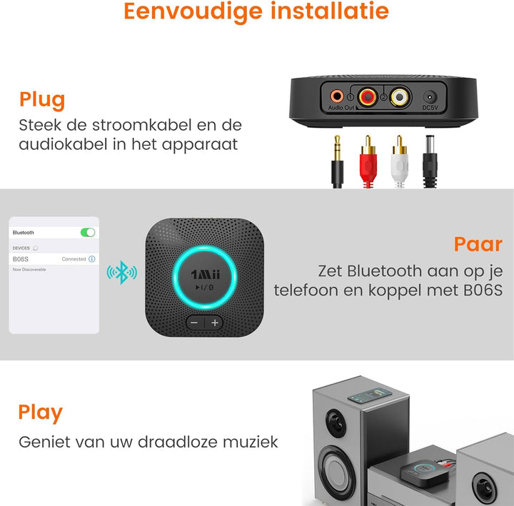 1Mii B06S Bluetooth Audio Adapter, HiFi Wireless 5.2 Empfänger, Lautstärkeregelung, aptX HD & Low La