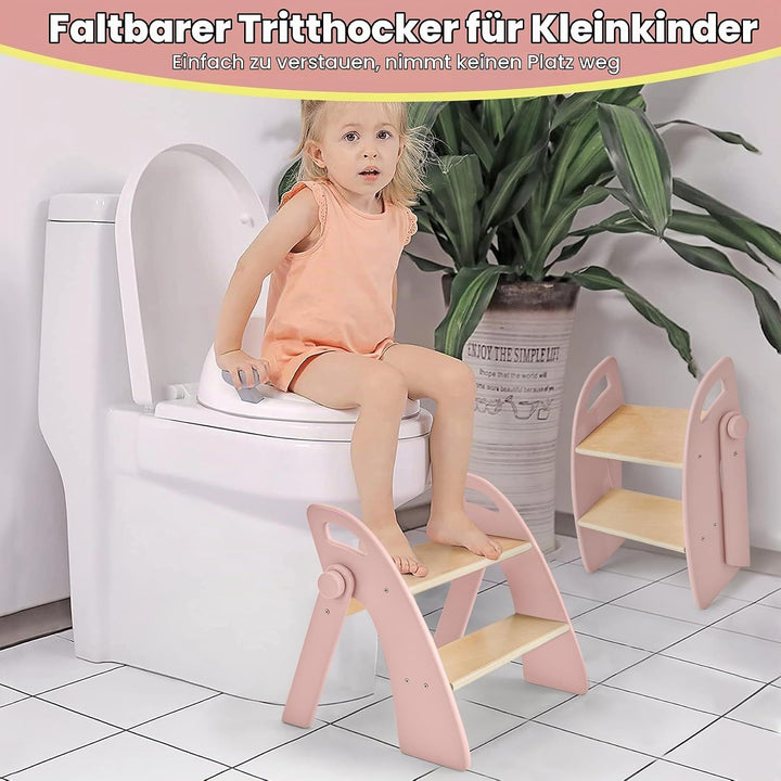 Tritthocker Kinder 2 Stufen aus Holz, 130kg Tragfähigkeit mit Antirutschmatte und Griffen, Faltbarer