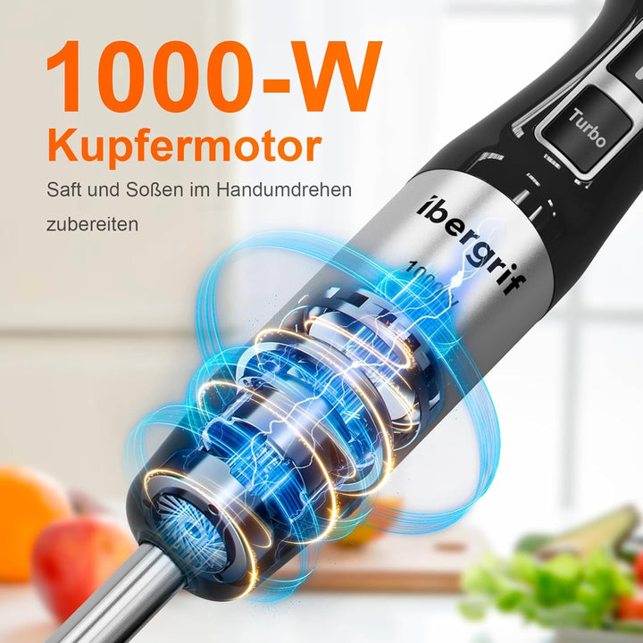 Ibergrif Stabmixer 1000W Edelstahl mit stufenloser Geschwindigkeitsregelung und Turbo Taste, Elektri