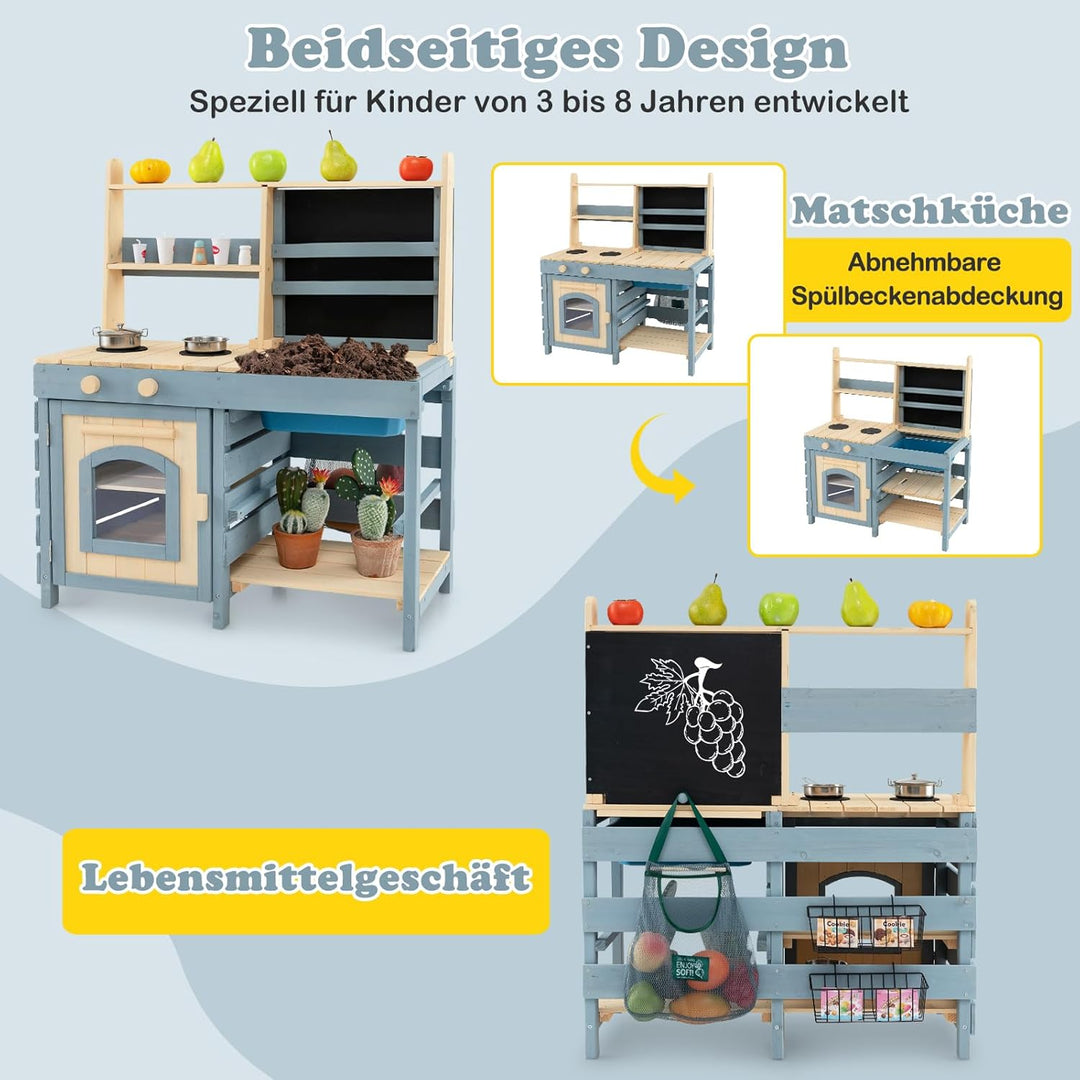 COSTWAY 2 in 1 Kinderküche & Kaufladen, Matschküche Outdoor Kinder, mit Tafel, Metallkörben, Aufbewa