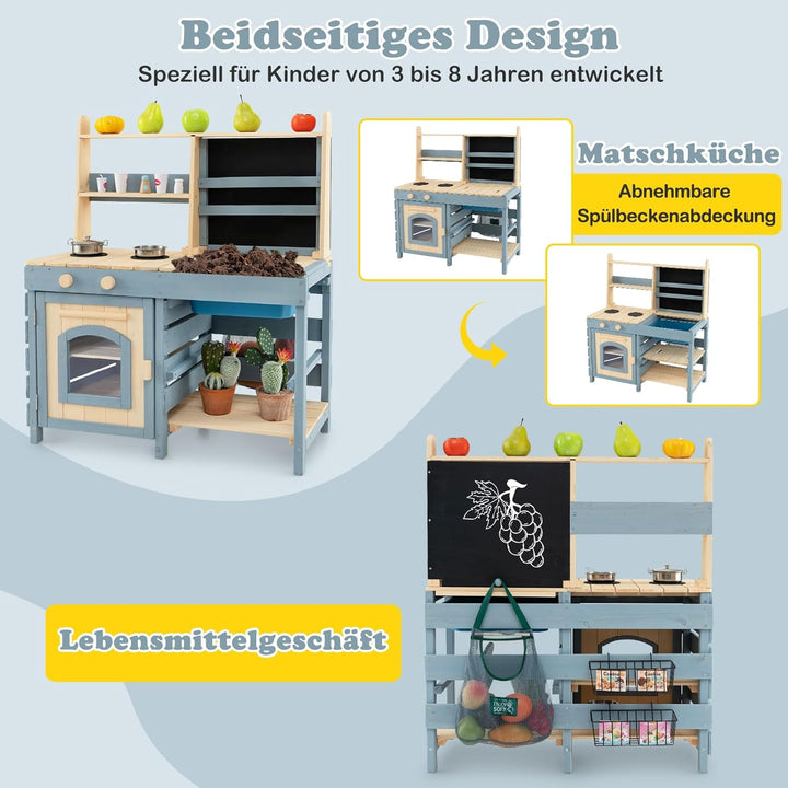 COSTWAY 2 in 1 Kinderküche & Kaufladen, Matschküche Outdoor Kinder, mit Tafel, Metallkörben, Aufbewa