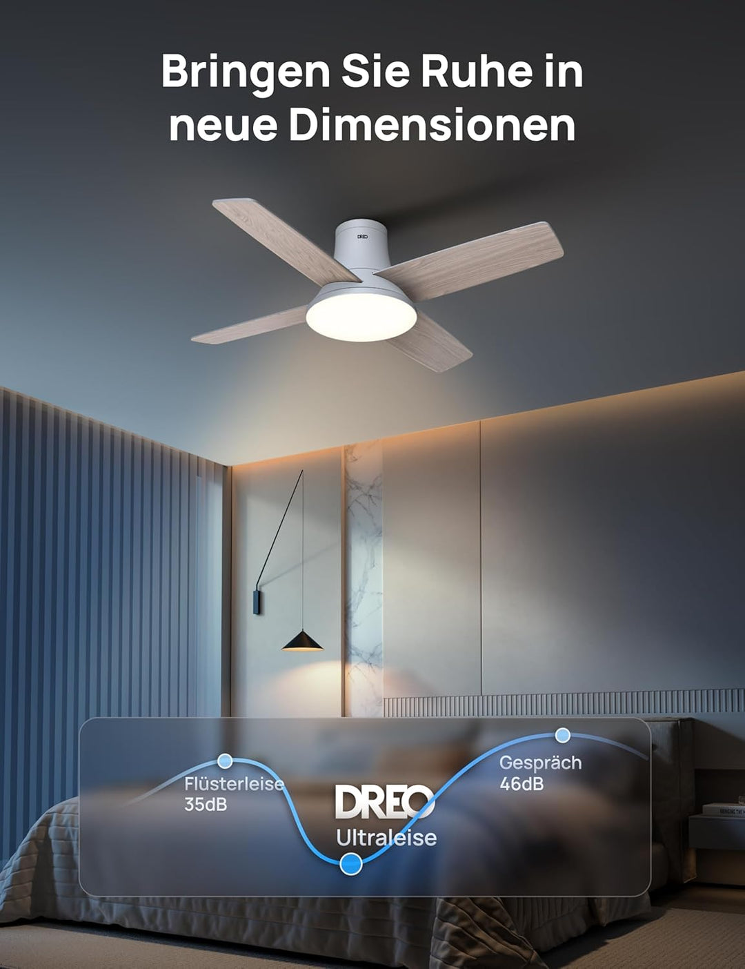 DREO Deckenventilator mit Licht bietet zwölf Geschwindigkeiten, drei Modi und einen leisen Gleichstr