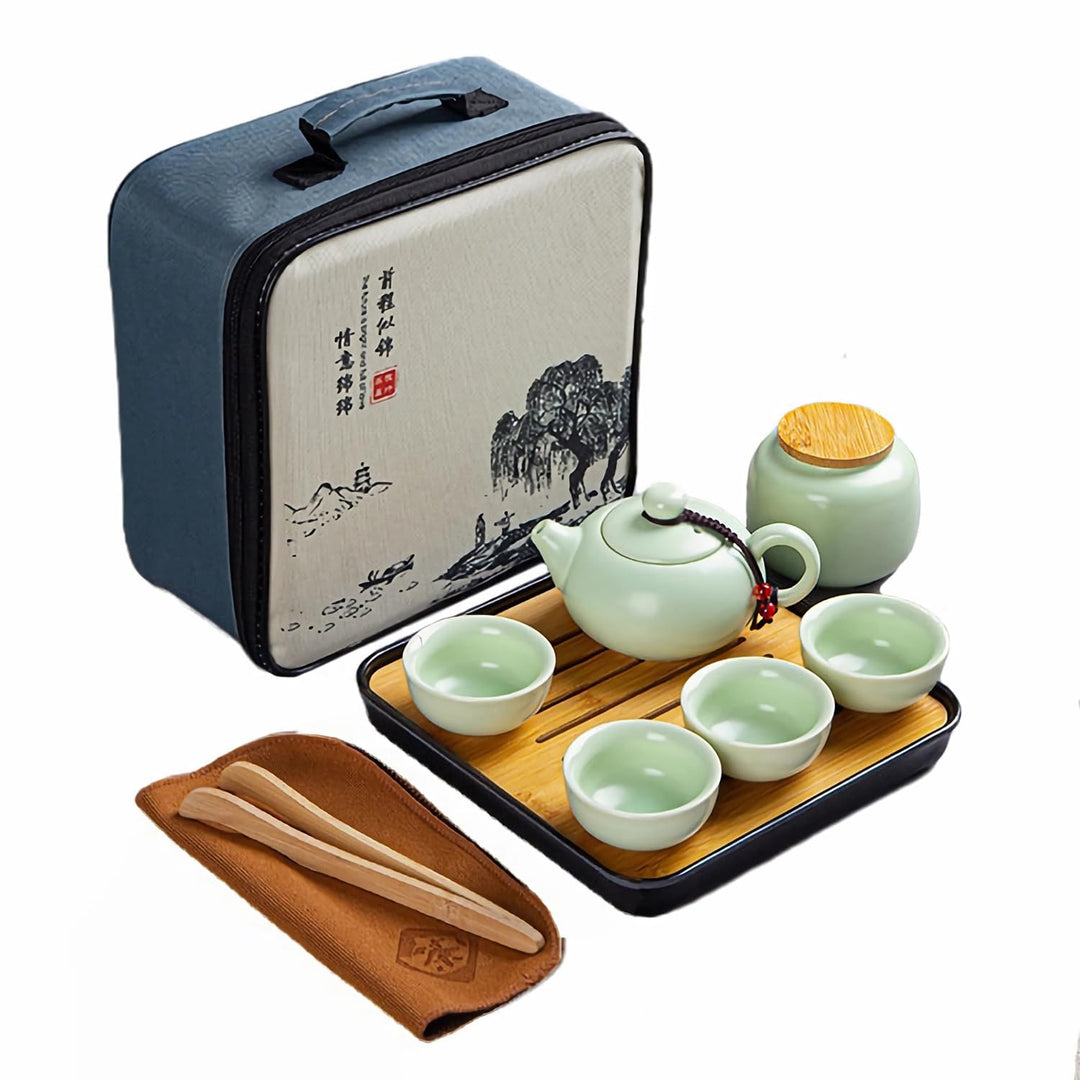 Teekanne Sets, Chinesisches Kungfu Teeservice, Keramik Teekanne mit 4 Tassen und Teedose & Tablett,