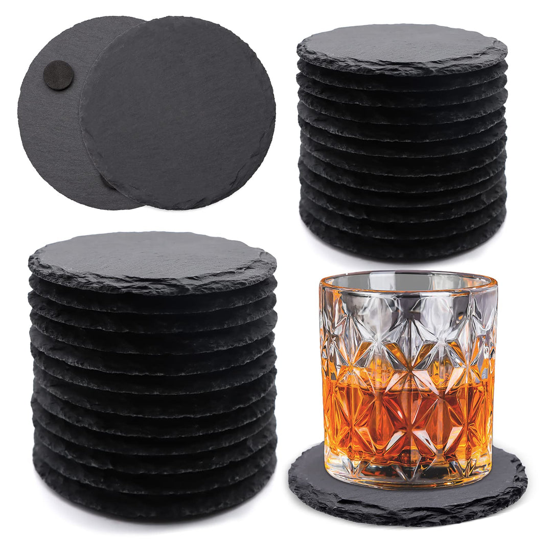 24 Stück runde Schiefer-Getränkeuntersetzer, VIBRATITE 10,2 cm, schwarzer Schieferstein-Untersetzer