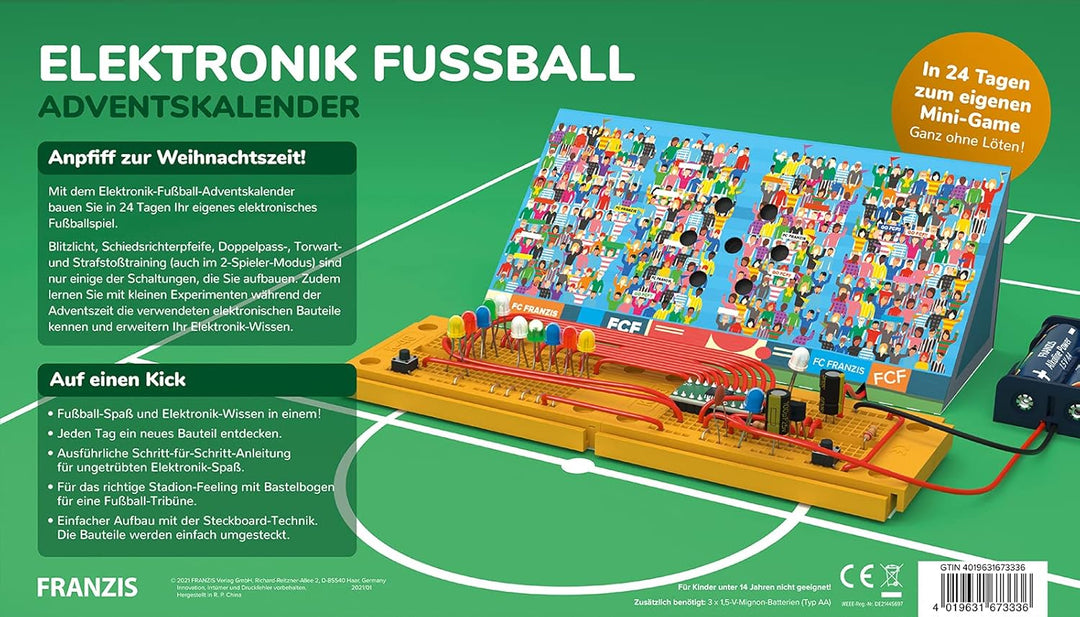 FRANZIS 67333 - Elektronik Fussball Adventskalender, 24 Schaltungen zum Selberbauen, inkl. allen Bau