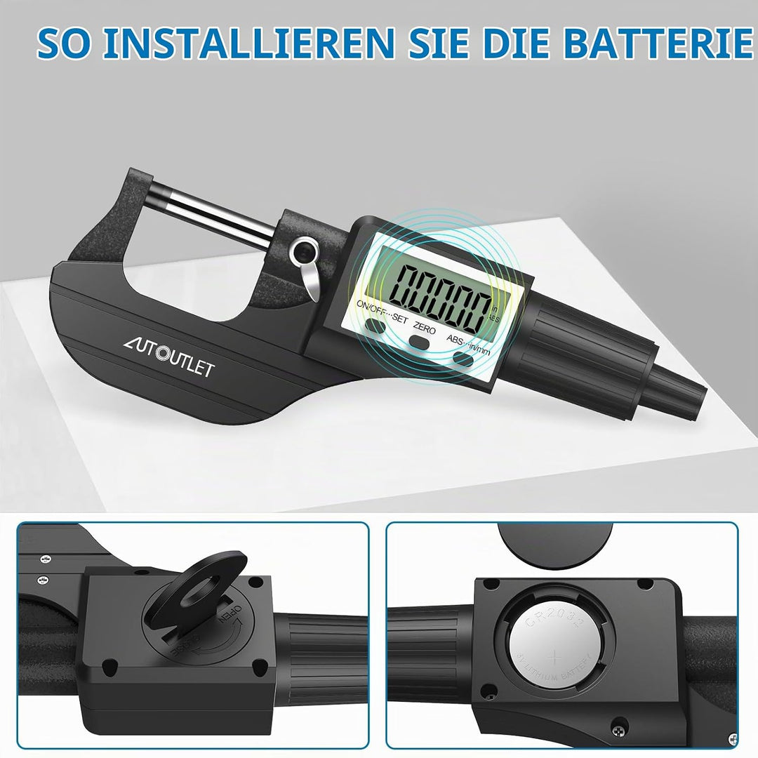 AUTOUTLET Micrometer Digitale Bügelmessschraube 0-25mm/ 0.001mm, Hohe Präzision LCD Digitale Mikrome
