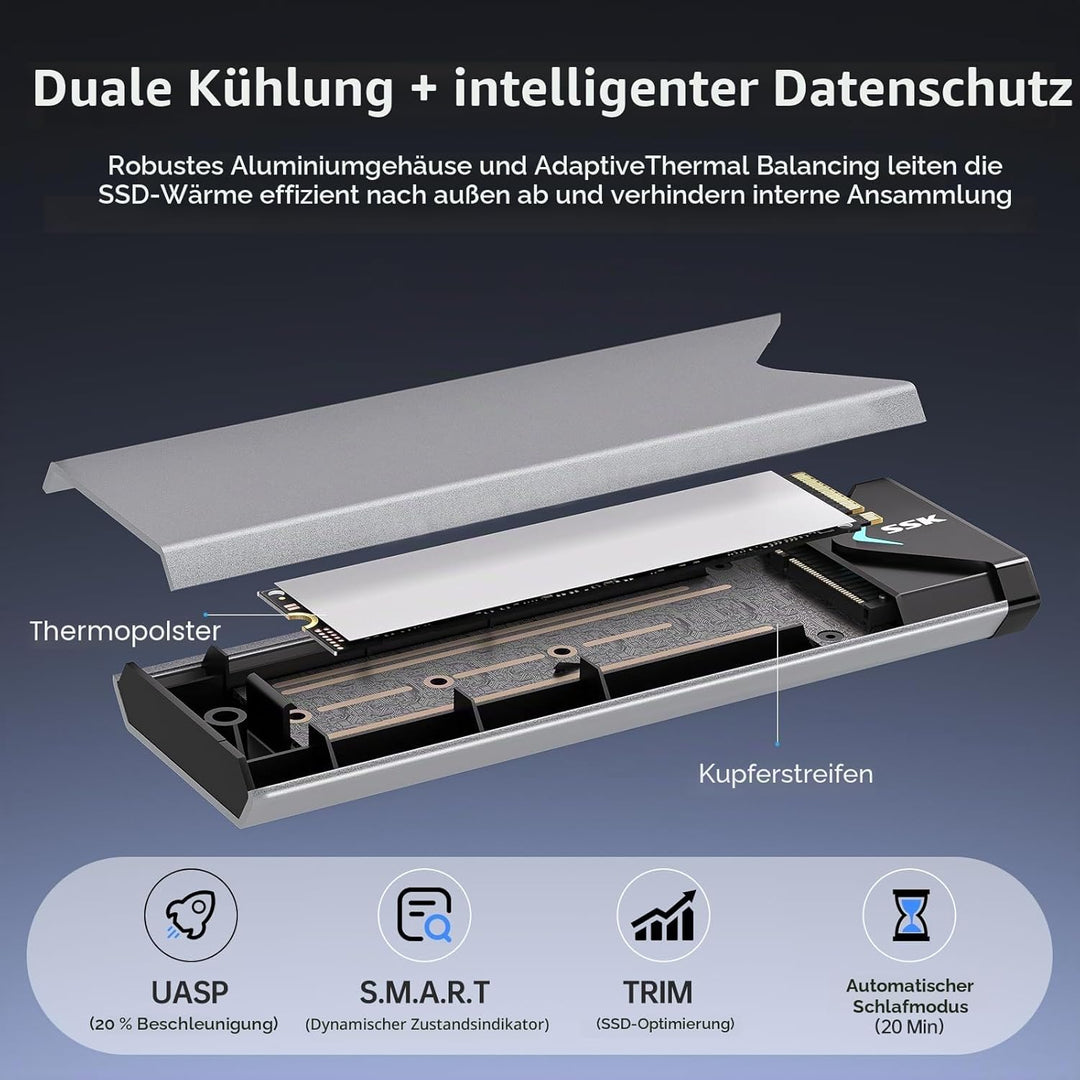 SSK Aluminium M.2 NVME SATA SSD Gehäuseadapter, USB 3.2 Gen 2 (10 Gbit/s) auf PCI-E NGFF M-Key/(B+M)