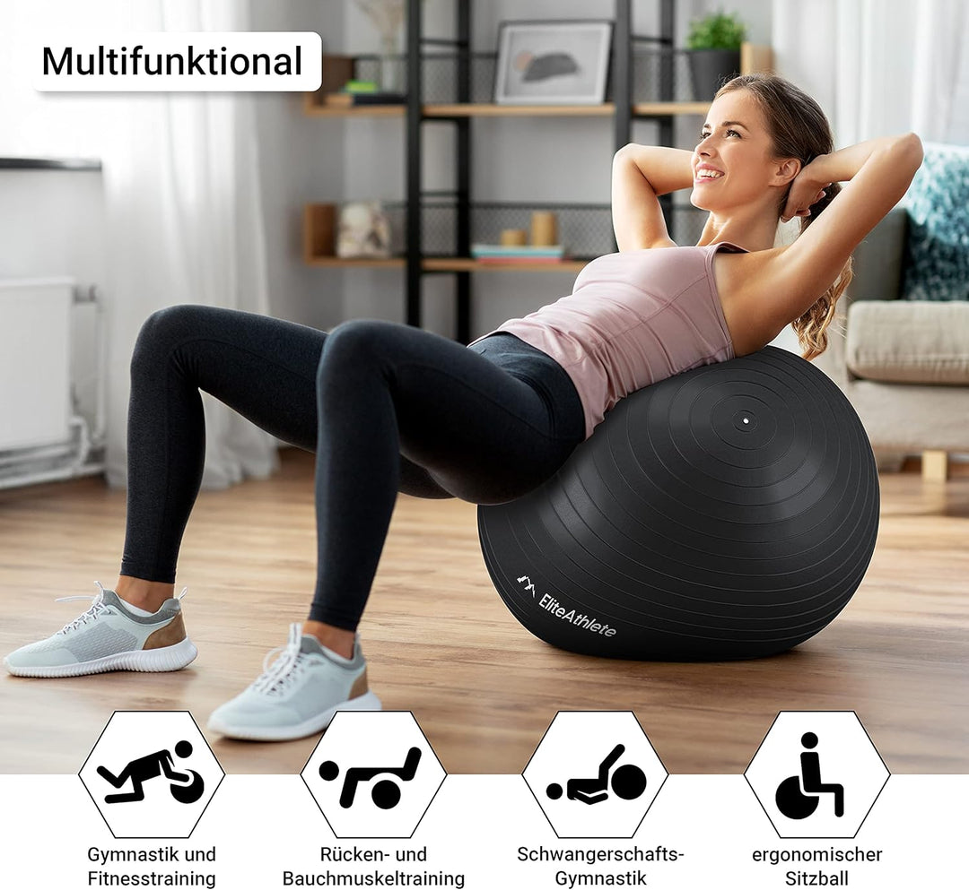 EliteAthlete Gymnastikball Sitzball Büro ergonomisch mit Anti Burst System - Fitness Pilates Schwang