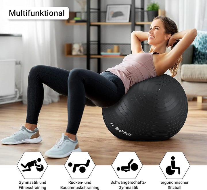 EliteAthlete Gymnastikball Sitzball Büro ergonomisch mit Anti Burst System - Fitness Pilates Schwang