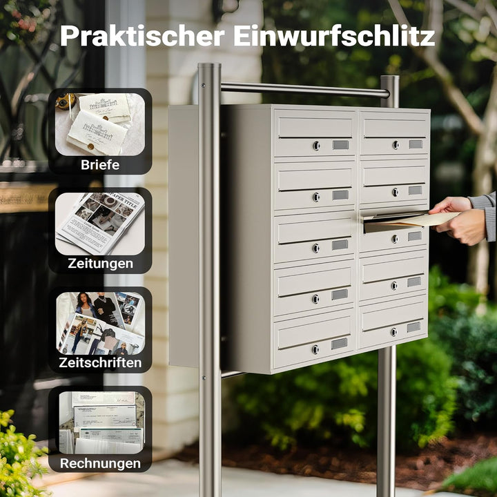 Wiltec 10er Briefkastenanlage Edelstahl 945 x 270 x 1500 mm, Standbriefkasten mit 2x5 Fächern, Schlü