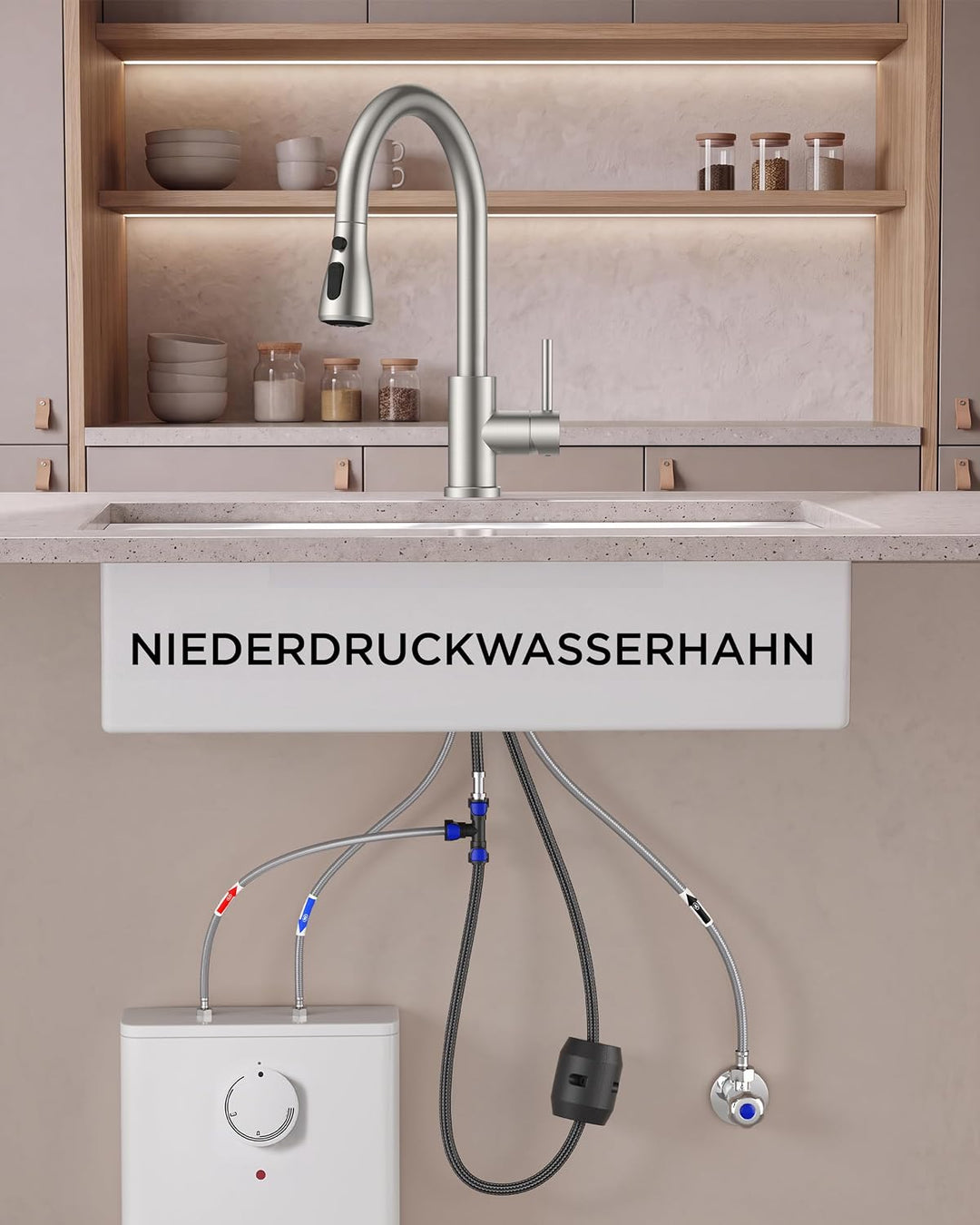 FORIOUS Niederdruck Armatur Küche, Küchenarmatur Ausziehbar mit 2 Strahlarten, Mischbatterie mit 3 A