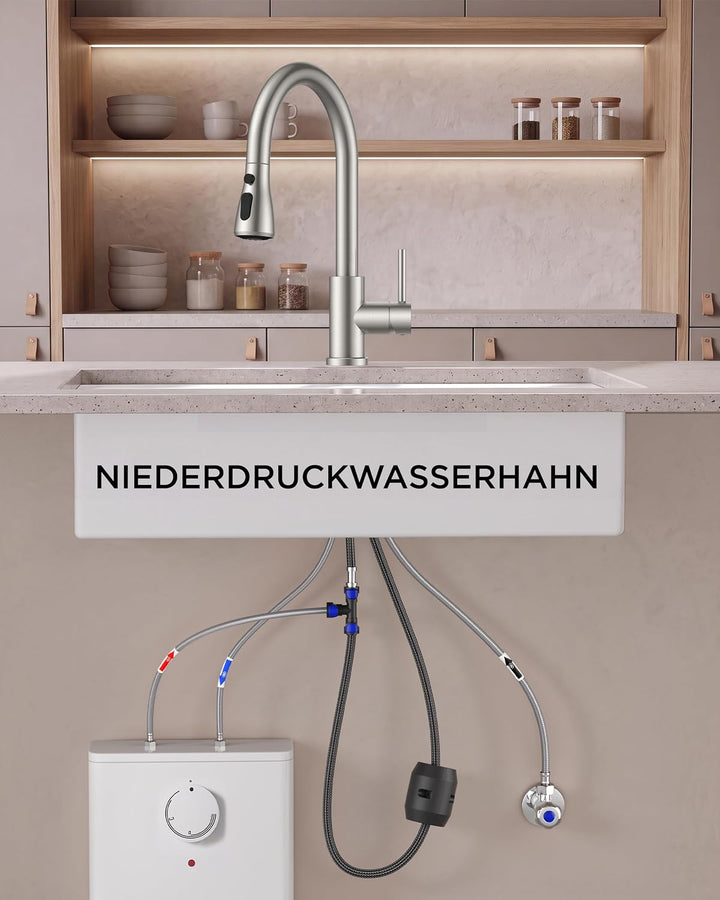 FORIOUS Niederdruck Armatur Küche, Küchenarmatur Ausziehbar mit 2 Strahlarten, Mischbatterie mit 3 A