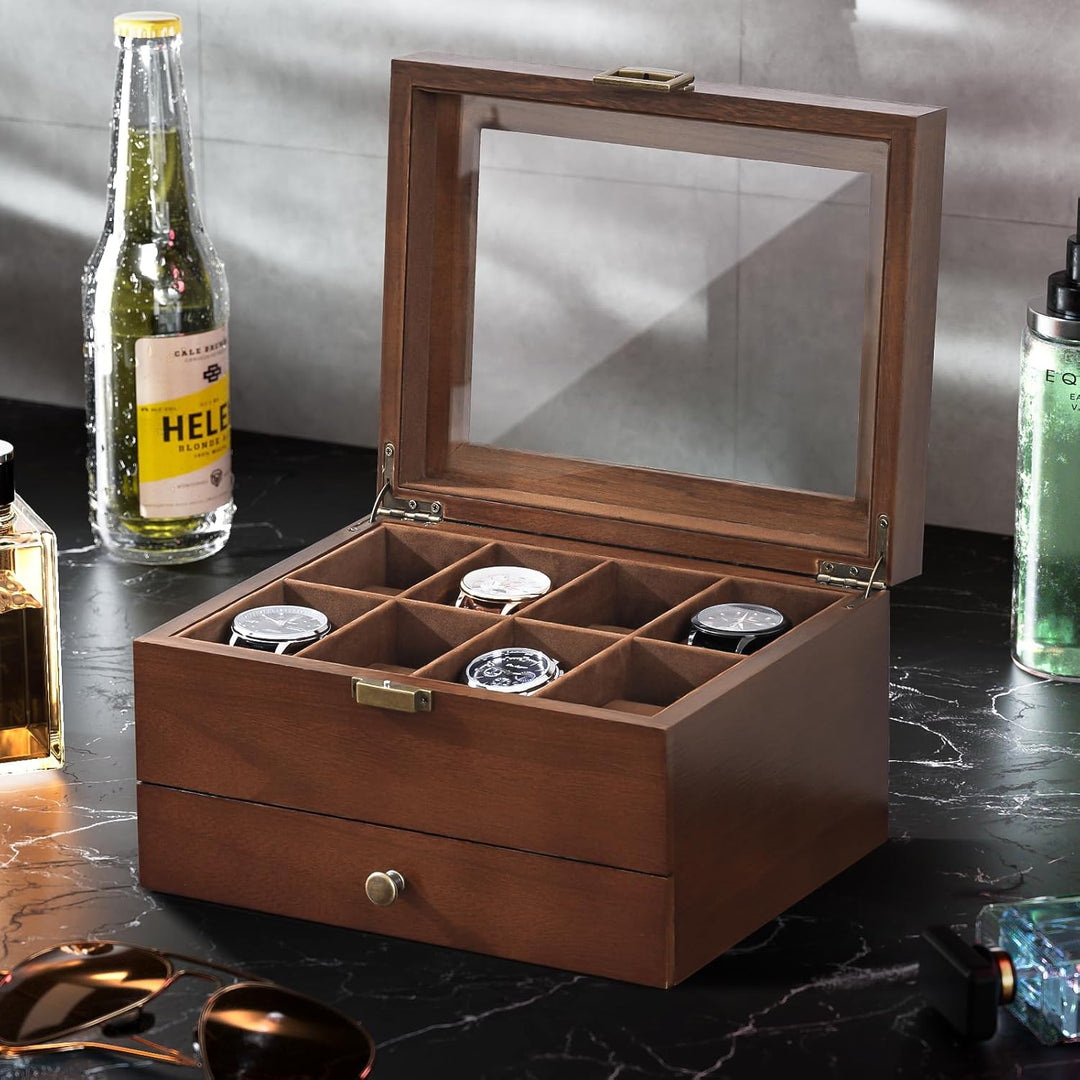 ProCase Uhrenbox mit 8 Fächern, Uhrenkasten Uhrenkoffer mit Glasdeckel Uhrenkissen, Uhrenschatulle f