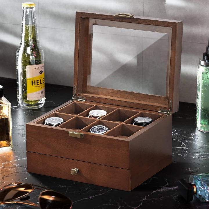 ProCase Uhrenbox mit 8 Fächern, Uhrenkasten Uhrenkoffer mit Glasdeckel Uhrenkissen, Uhrenschatulle f