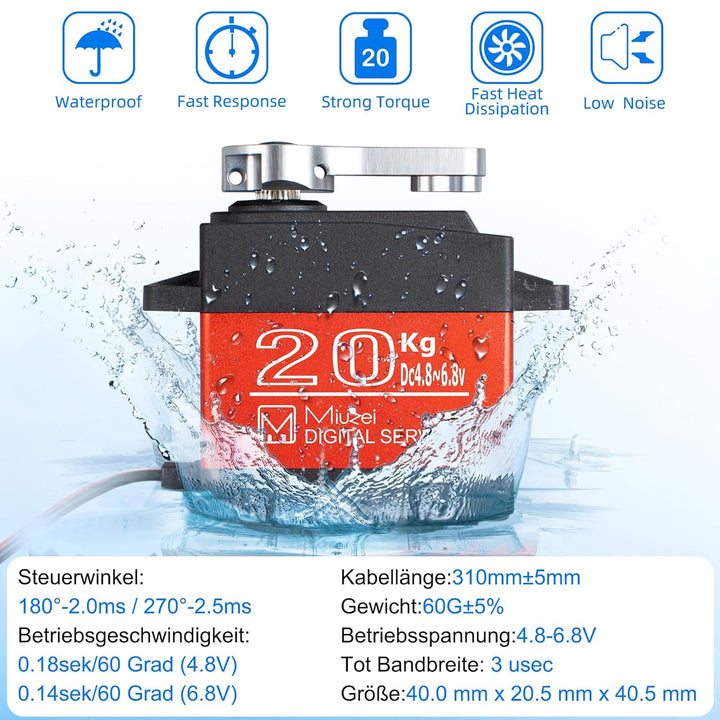 Miuzei 20KG Servo Motor High Torque Digital Servo Metal Waterproof 1/10 Scale Servo for R/C Car Robo