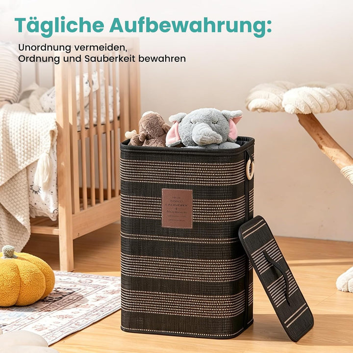 TONYBASKET 72L Bambus Wäschekorb mit Deckel, 40x30x60cm, Faltbarer Praktischer Wäschesammler, Wäsche