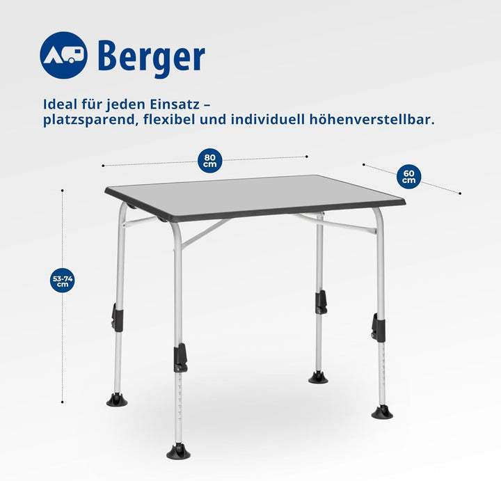 BERGER Ivalo 1 Campingtisch - Klapptisch Höhenverstellbar 80 x 60 cm Alu Campingtisch Klappbar Campi
