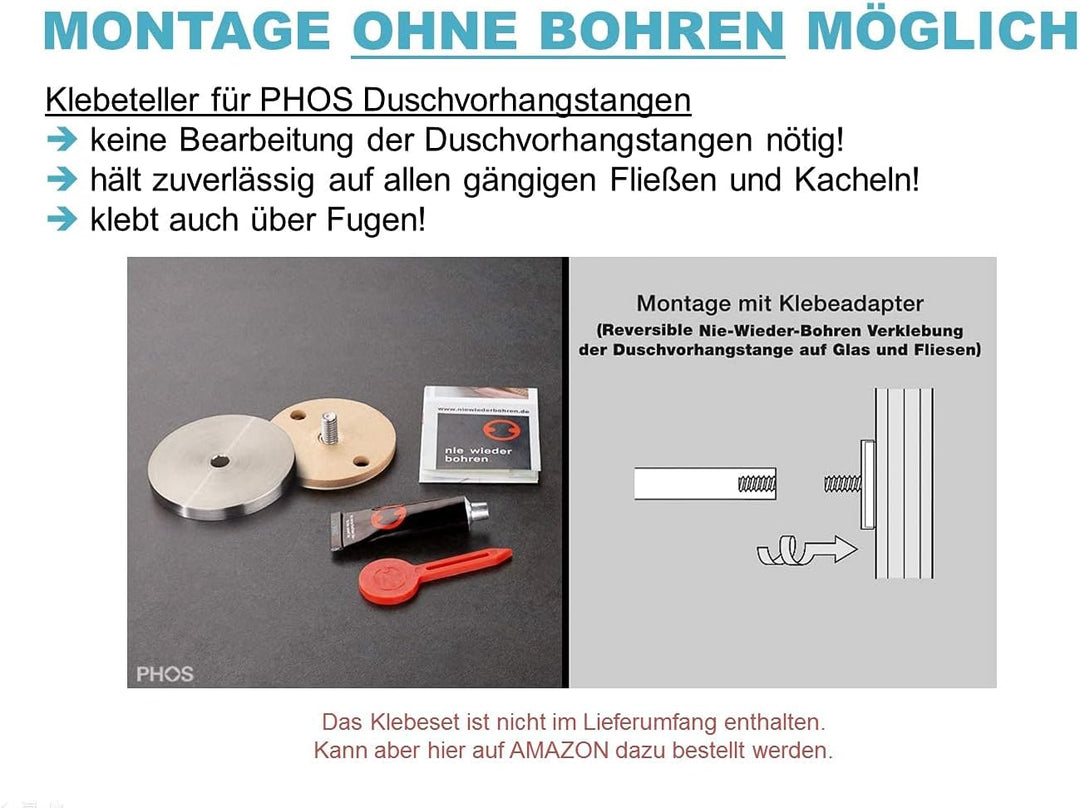 PHOS Edelstahl Design, DSE850, L-Form 85 x 85 cm, Duschvorhangstange, Deckenträger einkürzbar, echte