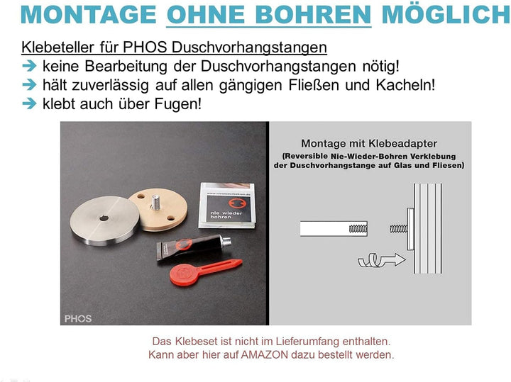 PHOS Edelstahl Design, DSE850, L-Form 85 x 85 cm, Duschvorhangstange, Deckenträger einkürzbar, echte