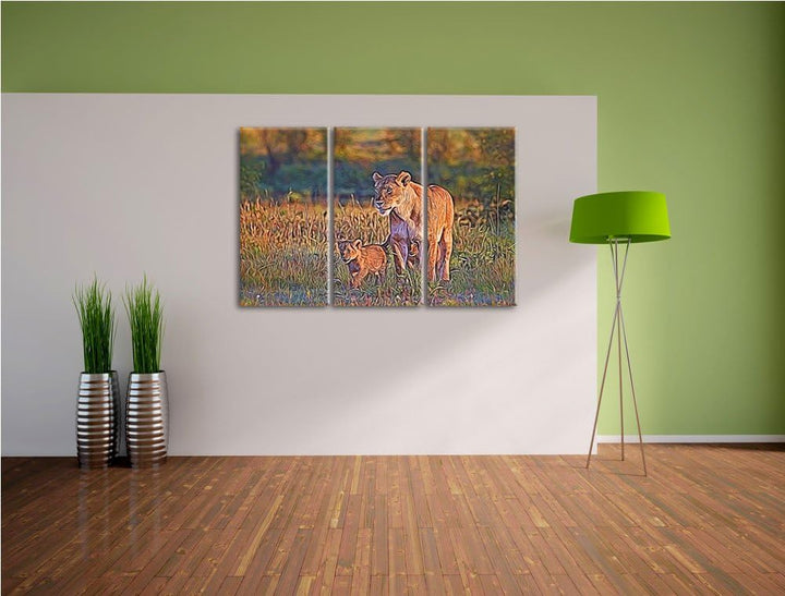 Löwenmutter mit Jungtieren NewArt 3-Teiler Leinwandbild 120x80 Bild auf Leinwand, XXL riesige Bilder