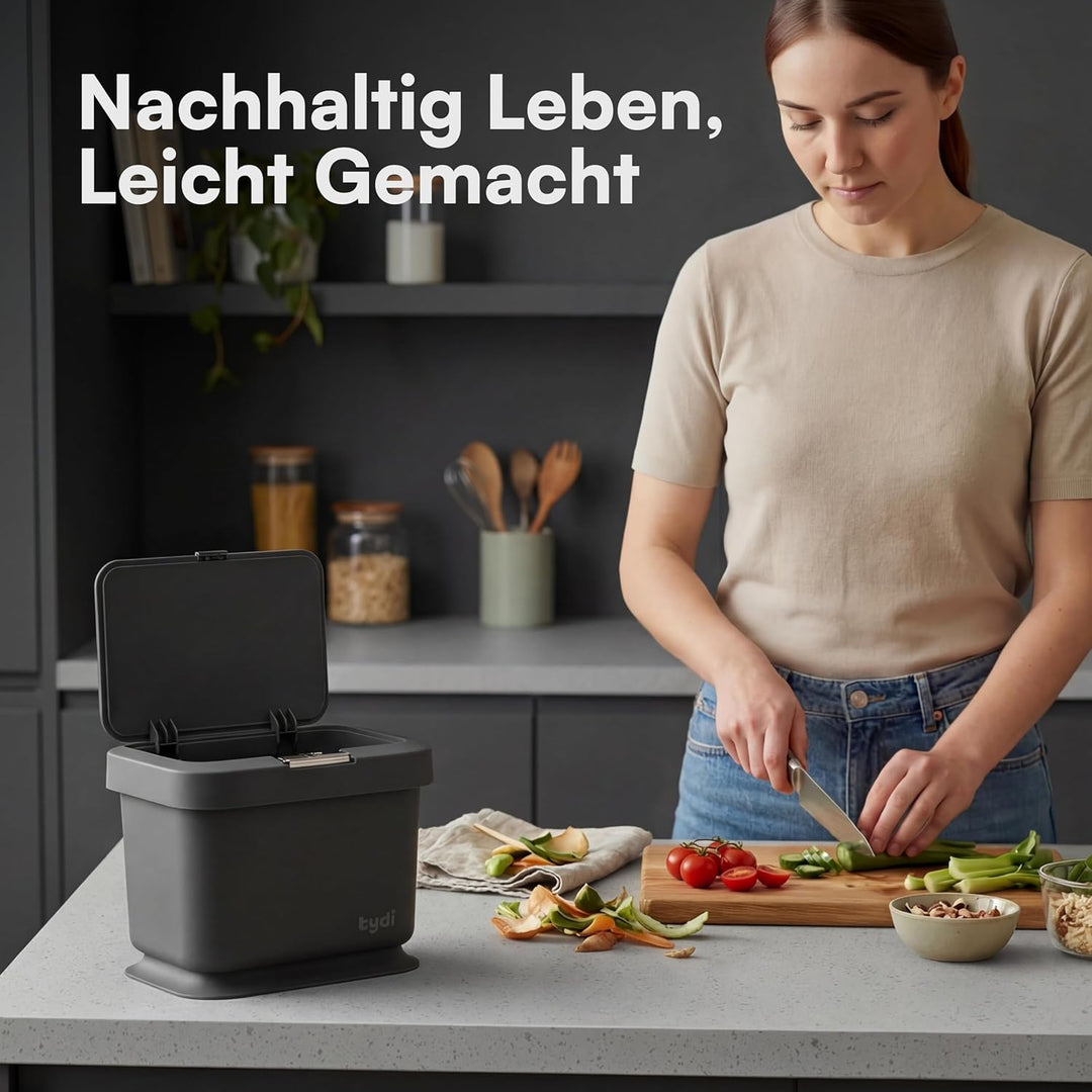 Tydi 4,5L Küchen-Biomüllbehälter mit Druckknopfdeckel - Komposteimer für die Küche - Rutschfester Bo