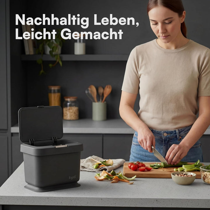 Tydi 4,5L Küchen-Biomüllbehälter mit Druckknopfdeckel - Komposteimer für die Küche - Rutschfester Bo