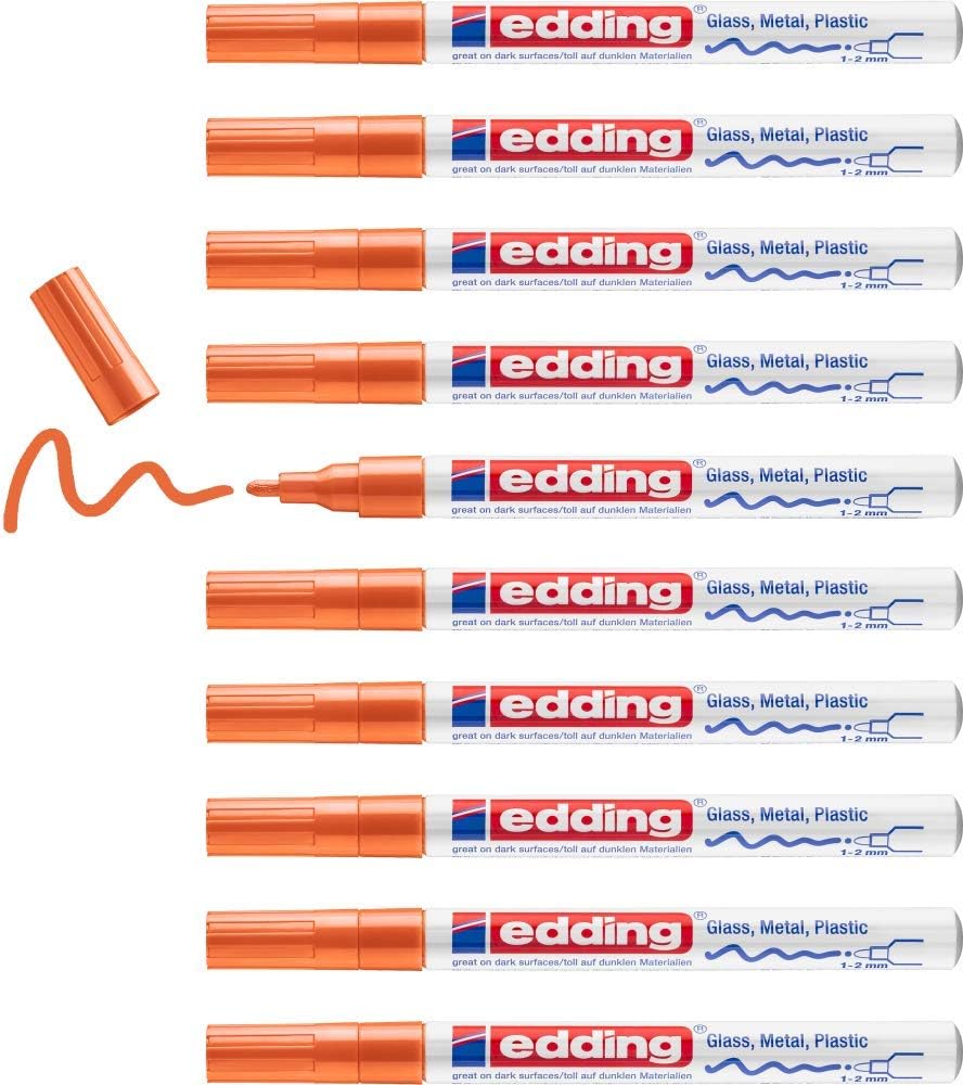 edding 751 Glanzlackmarker - orange - 10 Lackmarker - Rundspitze 1-2 mm - Lackstift für Glas, Stein,
