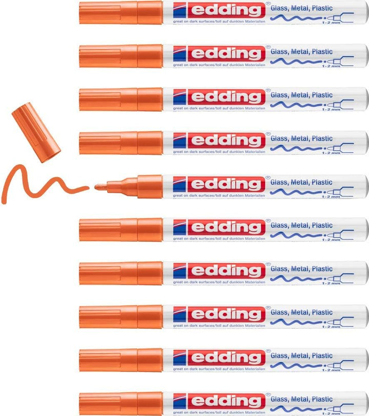 edding 751 Glanzlackmarker - orange - 10 Lackmarker - Rundspitze 1-2 mm - Lackstift für Glas, Stein,