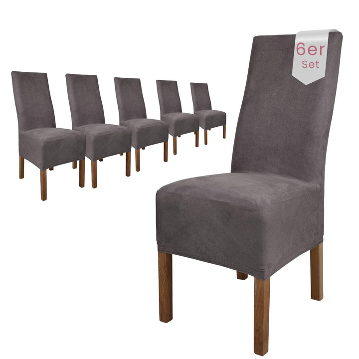 SCHEFFLER-Home Stuhlhussen 6er Set Leon Grau/elastische Wildleder Hussen für Stühle/Robustes Freisch
