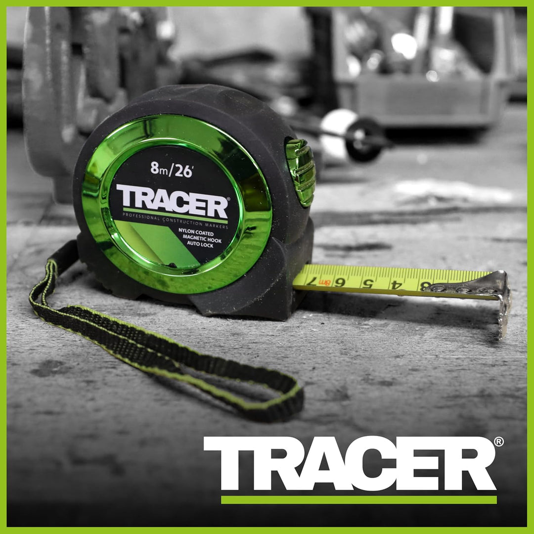 TRACER 8m Automatisches Feststellband (nylonbeschichtetes Massband mit Magnethaken und automatischer