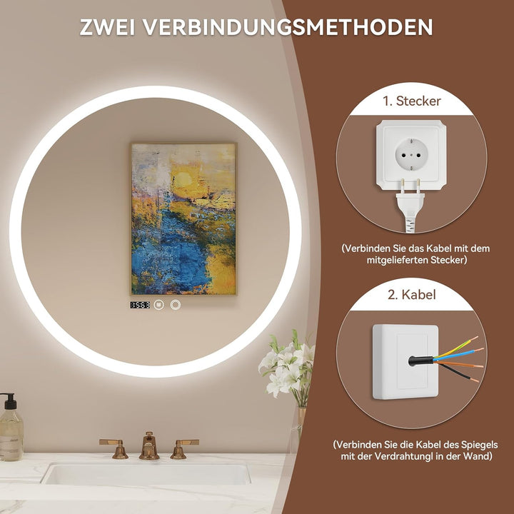 YU YUSING Badspiegel LED Rund Badezimmerspiegel mit Beleuchtung 70x70cm, 3 Lichtfarbe Einstellbare,
